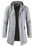 kkboxly  Plus Size Men's Casual Hooded Jacket, Solid Color Lengthened Cardigan Long Sleeved Loose Drawstring Coat