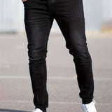 kkboxly  Light Wash Cotton Slim Fit Jeans, Men's Casual Street Style Mid Stretch Denim Pants For Spring Summer