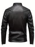 kkboxly  Men's Casual Pu Leather Jacket, Chic Stand Collar Biker Jacket