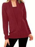 Solid Plunging Knit Sweater, Casual Long Sleeve Simple Sweater, Women's Clothing