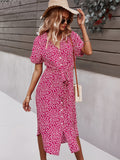kkboxly  Sexy Floral Print Dress, Casual Short Sleeve V-neck Waist Belt Button Spring & Summer Dresses, Women's Clothing