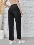 kkboxly  Stepped Waist Plain Straight Leg Jeans, Casual Slash Pocket Asymmetric Denim Pants, Women's Denim Jeans & Clothing