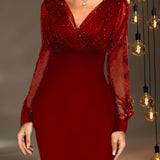 2025 kkboxly  Solid Sequin Stitching Lace Long Sleeve Dress, Elegant Mesh Slim Sexy Party Dress, Women's Clothing