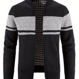 kkboxly  All Match Knitted Color Block Design Band Collar Cardigan, Men's Casual Warm Slightly Stretch Zip Up Jacket For Fall Winter