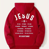 kkboxly  Men's Jesus Is My Everything Print Hoodie With Assorted Colors, Casual Slightly Stretch Drawstring Long Sleeves Hooded Sweatshirt, Men's Clothing