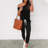 kkboxly  Solid Slanted Shoulder Jumpsuit, Casual Short Sleeve Drawstring Long Length Jumpsuit, Women's Clothing