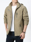 kkboxly  Classic Design Detachable Hooded Jacket, Men's Casual Letter Embroidery Nylon Zipper Pockets Jacket Coat