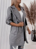 kkboxly  Lapel Drawstring Waist Overcoat, Versatile Patched Pockets Open Front Midi Outwear, Women's Clothing