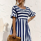 Kkboxly  Short Sleeve Beach Dress, Crew Neck Vacation Casual Dress For Summer & Spring, Women's Clothing