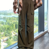 kkboxly  Solid Straight Leg Cargo Pants, Y2K Flap Pocket High Waist Loose Pants, Women's Clothing