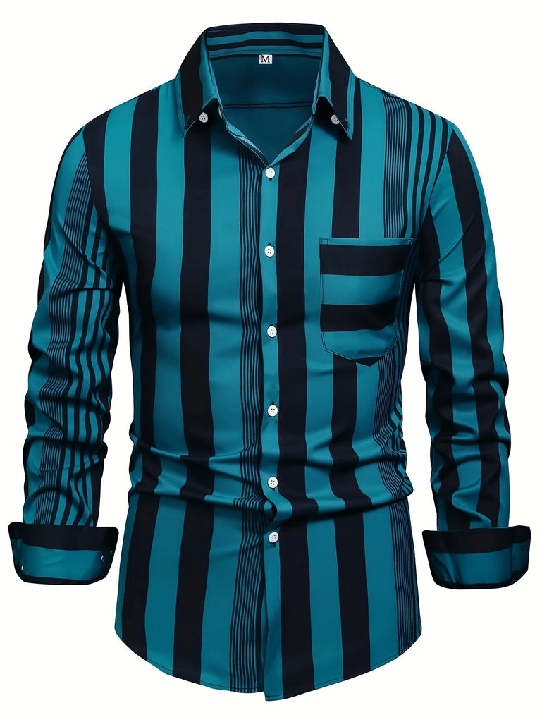 kkboxly  Stripe Pattern Men's Trendy Long Sleeve Button Up Shirt With Chest Pocket, Spring Fall Streetwear
