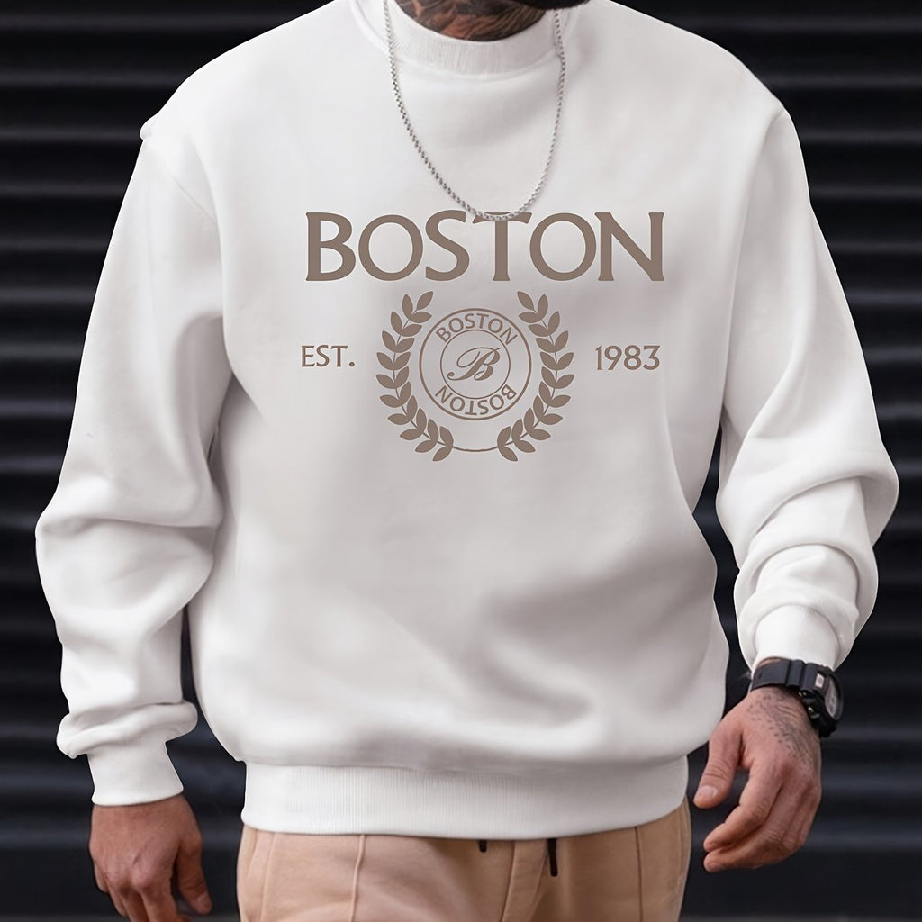 kkboxly  Men's Pullover Round Neck Long Sleeve Sweatshirt Letter "Boston" Pattern Casual Top For Autumn Winter Men's Clothing