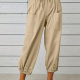 kkboxly  Patched Pockets Button Front Crop Pants, Casual Loose Pants For Spring & Summer, Women's Clothing