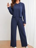 kkboxly  Casual Solid Knit Two-piece Set, Long Sleeve Drawstring Hoodie & Wide Leg Pants Outfits, Women's Clothing