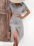 kkboxly  Button Front Shirt Dress, Casual Short Sleeve Solid Summer Dress Without Belt, Women's Clothing