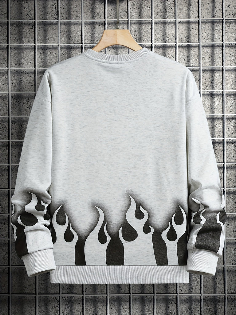 kkboxly  Fire Pattern Print, Men's Sweatshirt, Loose Trendy Pullover, Men's Clothing