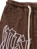 Men's Stylish Alphabets Pattern Denim Trousers With Pockets, Causal Breathable Comfy Jeans For City Walk Street Hanging Outdoor Activities