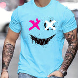 kkboxly  Cross Eyes Smile Face Print, Men's Graphic T-shirt, Casual Comfy Tees Tshirts For Summer, Men's Clothing Tops