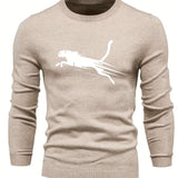 kkboxly  All Match Knitted Sweater, Leopard Pattern Men's Casual Warm Mid Stretch Crew Neck Pullover Sweater For Men Fall Winter