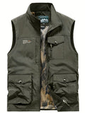 kkboxly  Zipper Pockets Cargo Vest, Men's Casual Outwear Stand Collar Zip Up Vest For Spring Summer Outdoor Fishing Photography