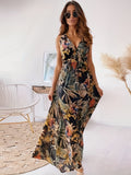 kkboxly  Boho Tropical Print Drawstring Dress, Casual Sleeveless V Neck Slim Waist Maxi Dress, Women's Clothing