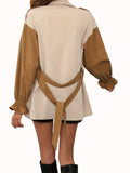 kkboxly  Color Block Belted Trench Coat, Elegant Long Sleeve Ruffle Cuff Coat, Women's Clothing