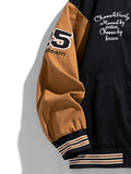 kkboxly Men's Casual Fake Two-piece Jacket, Chic Letter Embroidery Hooded Varsity Jacket