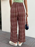 2025 kkboxly  Plaid Pattern Drawstring Waist Pants, Casual Wide Leg Pants, Women's Clothing