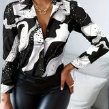 kkboxly   High Contrast Print Blouse, Long Sleeve Button Down Shirt, Casual Night Out Tops For Party & Club, Women's Clothing