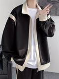 kkboxly  Men's Casual Preppy Style Jacket, Chic Lapel Color Block Jacket