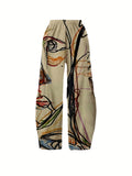 kkboxly  Women's Pants Casual Mid Waist Print Straight Wide Fashion Loose Pants