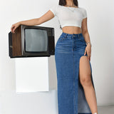 kkboxly  Split Thigh Whiskering Denim Midi Skirt, Slant Pockets Non-Stretch Casual Denim Skirt, Women's Denim Clothing