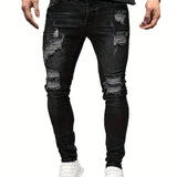 kkboxly  Slim Fit Ripped Jeans, Men's Casual Street Style Distressed Mid Stretch Denim Pants For Spring Summer