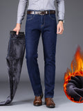 kkboxly  Men's Stylish Loose Fleece Denim Pants With Pockets, Active Breathable Comfy Mid Stretch Straight Leg Trousers For City Walk Street Hanging Outdoor Activities