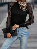 kkboxly Sheer Raglan Sleeve Blouse, Elegant Solid Crew Neck Blouse, Women's Clothing