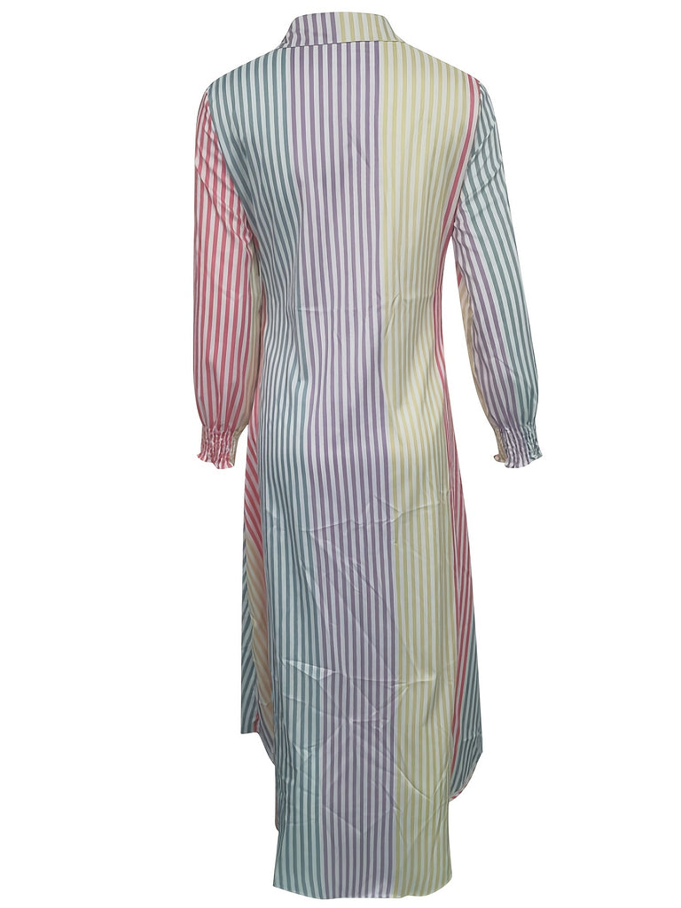 Kkboxly  Color Block Striped Shirt Dress, Casual Long Sleeve Button Down Ankle Dress, Women's Clothing