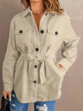 kkboxly  Plus Size Casual Coat, Women's Plus Solid Button Up Long Sleeve Turn Down Collar Shacket With Belt