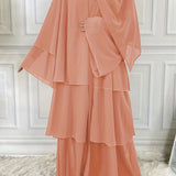 kkboxly  Layered Open Front Abaya, Long Sleeve Dress With Belted , Without Hijab, Women's Clothing