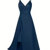 Twist Spaghetti Strap Dress, Elegant Solid Sleeveless Split Dress, Women's Clothing