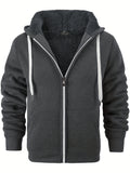 kkboxly  Warm Thick Fleece Lined Coat Solid Color Men's Hooded Jacket Fleece Lined Casual Long Sleeve Sherpa Lined Hoodies With Zipper Hooded Coat For Autumn Winter