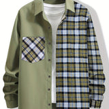 kkboxly  Stylish Collage Chest Pocket Plaid Pattern Casual Long Sleeve Button Up Shirt, Men's Clothes For Spring Summer Fall Outdoor