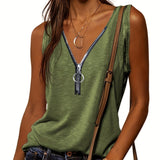 kkboxly  Casual V-neck Zipper Cami Top, Solid Fashion Sleeveless Loose Summer Fit Tank Top, Women's Clothing