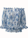 kkboxly  Off Shoulder Floral Print Blouse, Casual Ruffle Trim Blouse, Women's Clothing