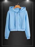kkboxly  Solid Color Drawstring Crop Hoodie, Casual Zip Up Long Sleeve Hooded Sweatshirt