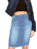 kkboxly  Blue Raw Hem Denim Skirt, Slim Fit Slash Pockets Mid-Stretch Denim Skirt, Women's Denim Clothing