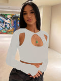 kkboxly  Sexy Cut Out Crop T-Shirt, Long Sleeve Loose Casual Top, Women's Clothing