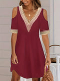 kkboxly  Contrast Lace Cold Shoulder Dress, Casual V Neck Short Sleeve Dress, Women's Clothing