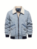 kkboxly  Warm Fleece Denim Jacket, Men's Casual Flap Pocket Jacket Coat With Fur Collar For Fall Winter