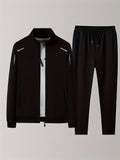 kkboxly Men's Outfit Set, Lapel Solid Long Sleeve Zip Up Jacket And Drawstring Pants, 2-piece Set For Spring Summer Outdoor Jogging Gym Workout
