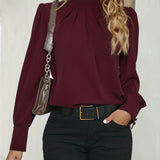 kkboxly  Solid Tucked Keyhole Blouse, Casual Long Sleeve Versatile Blouse, Women's Clothing